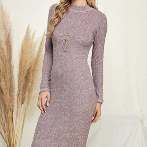 Mock Neck Brushed Hacci 9x4 Rib Midi Dress