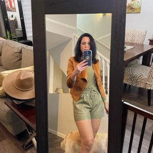 Khaki Faux Leather Short with Khaki Long Sleeve Top With Faux Suede Jacket