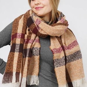 Plaid Check Pattern Oblong Fringe Winter Scarf: Camel
